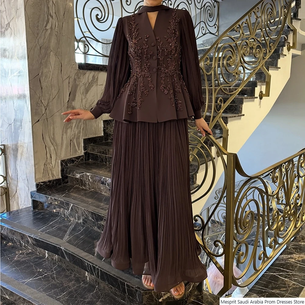 A-Linien-Abendkleider für Damen, knöchellang, V-Ausschnitt, volle Ärmel, Ballkleid, modische Perlenstickerei, schlichte, drapierte, maßgeschneiderte Kleider
