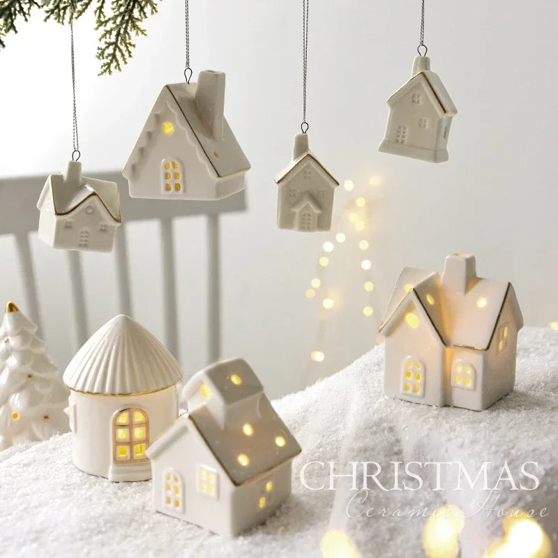 

European architectural style ceramic house home decoration ornaments, Christmas tree decoration ceramic snow house ornaments