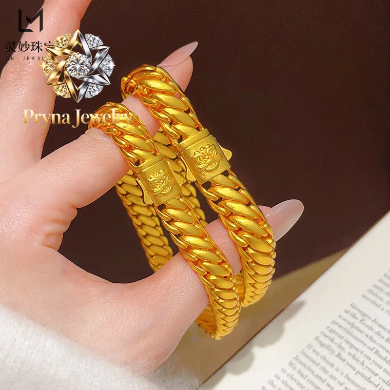 Pryna Jewelry   Ancient gold 9999 24K real gold lion awakening three horsewhip bracelet wide frosted boss Cuban chain domineerin