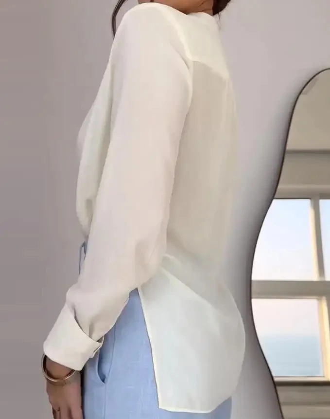 Women's Blouses Temperament Woman Stand Collar Overlap Draped Front Slit Hem Tee Female Casual Faux Two-Piece Chiffon Top
