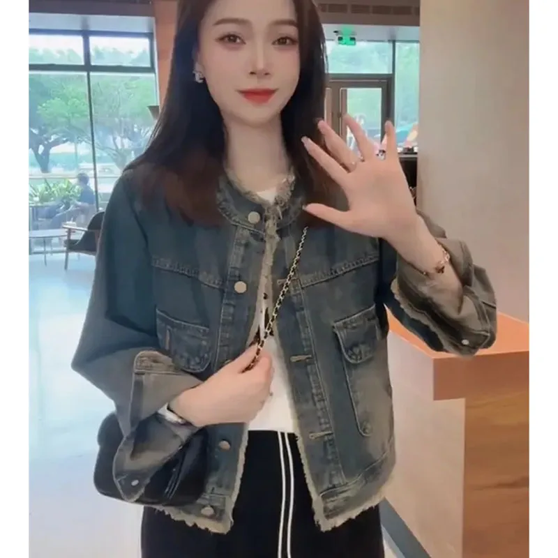 

Spring Autumn Feminine Long Sleeves Jeans Jacket Ladies Round Neck Denim Outwear Retro Women Fashion Leisure Flash Cowboy Coat
