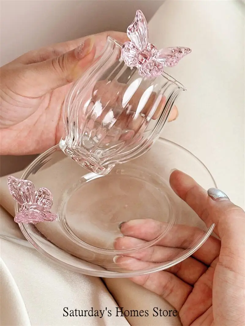 Suits Butterfly Glass Cup Saucer  Plate Coffee Cup Dish Set Afternoon Tea Cup Plates Girls Gift