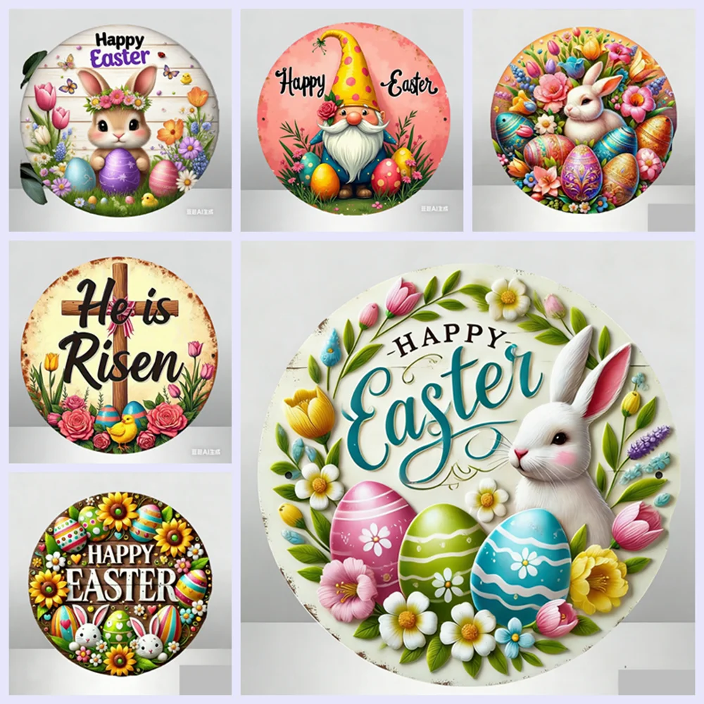 

2026 Happy Easter Round Backdrop Rabbit Egg Colorful Flower Decoration Holiday Party Arrangement Photo Circle Background Cloth