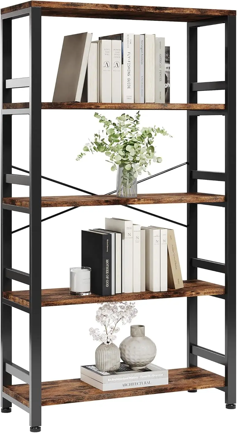 Bookshelves and Bookcases, 31.5in Wide Shelf 5-Tier Ladder Shelf 110lbs/shelf Vintage Industrial Style Bookcase for Bedroom