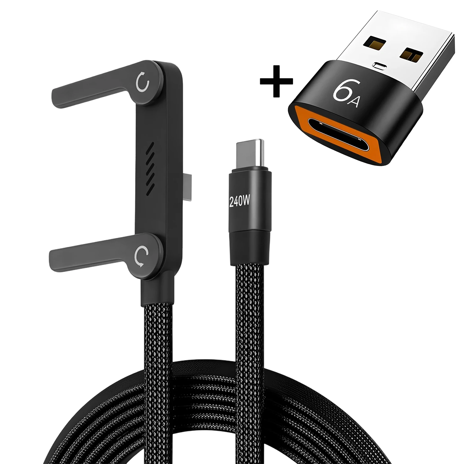 Cabo de Dados Dobrável 240W 2-em-1 com Suporte para Celular, Carregamento Rápido, Cabo Trançado Tipo-C para USB, Universal para Celular e Computador