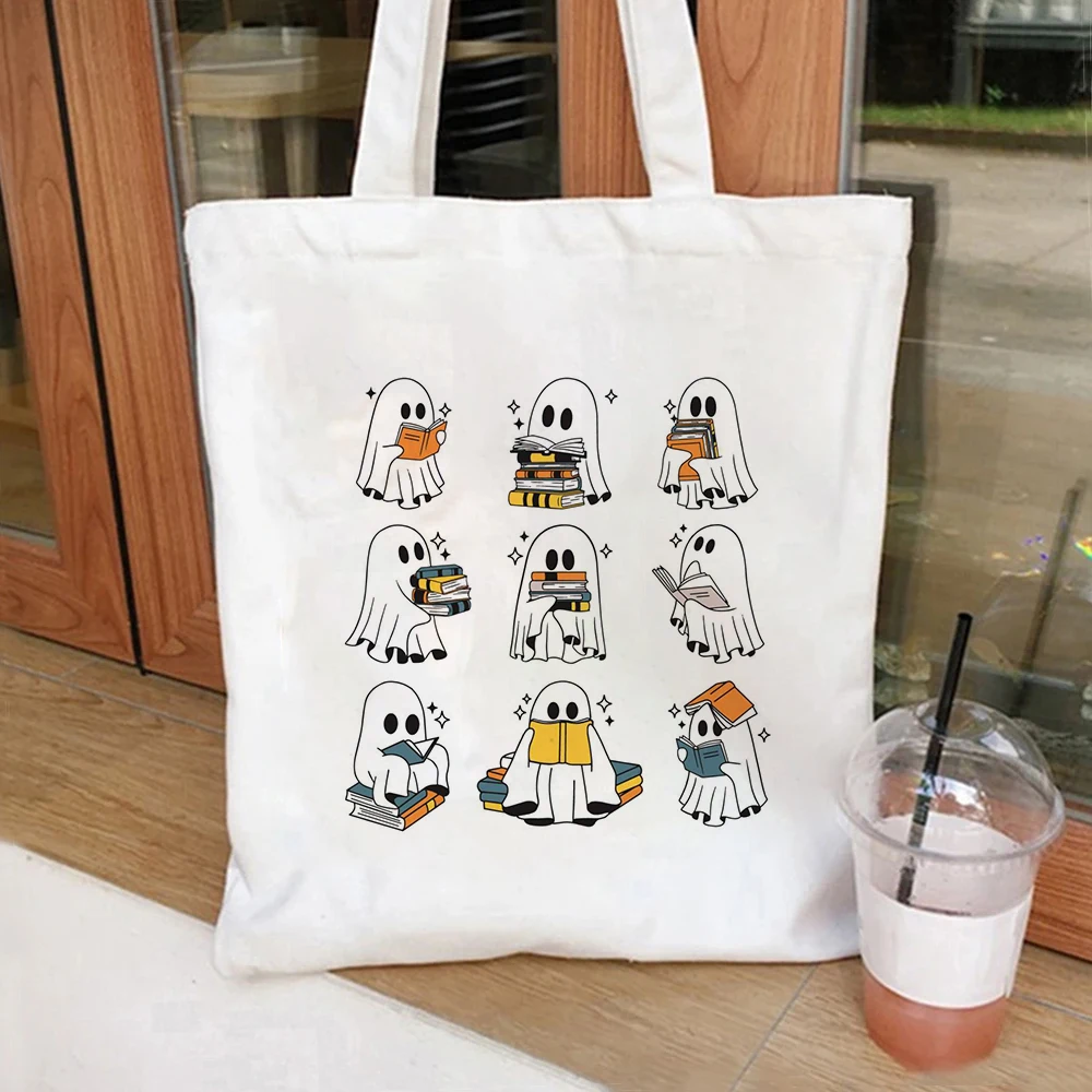 Ghost Book Canvas Tote Bag for Women Cute Spooky Halloween Tote Bag Aesthetic Tote Bag Travel Vacation Shopping Shoulder Bag