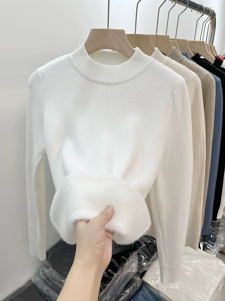 Womens Sweater Velvet Pullover Winter Fall Knitwear Half Turtleneck Jumper Casual Thick Plush Lined Knit Soft Stretch Top Korean