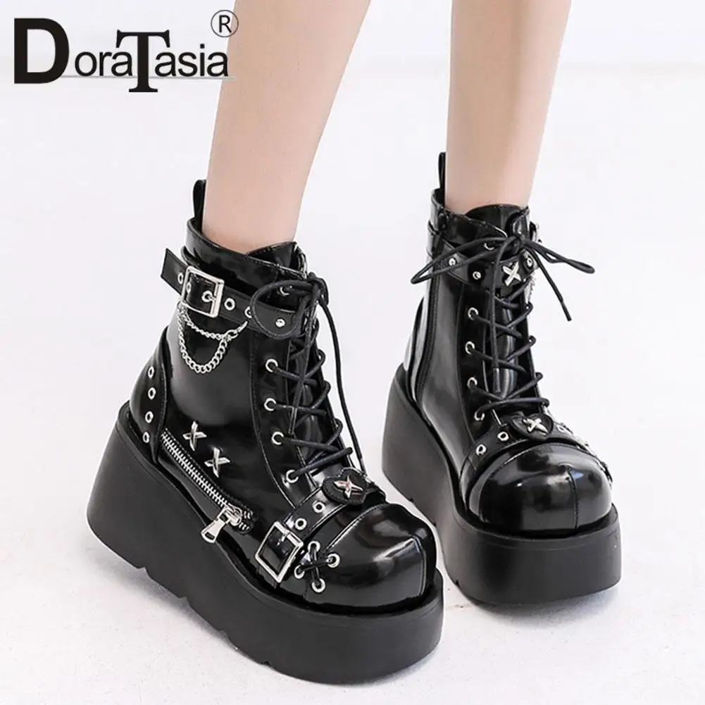 Brand New Ladies Goth Platform Ankle Boots Fashion Buckle Zip Rivet Punk Wedges High Heels Womens Boots Party Street Woman Shoes