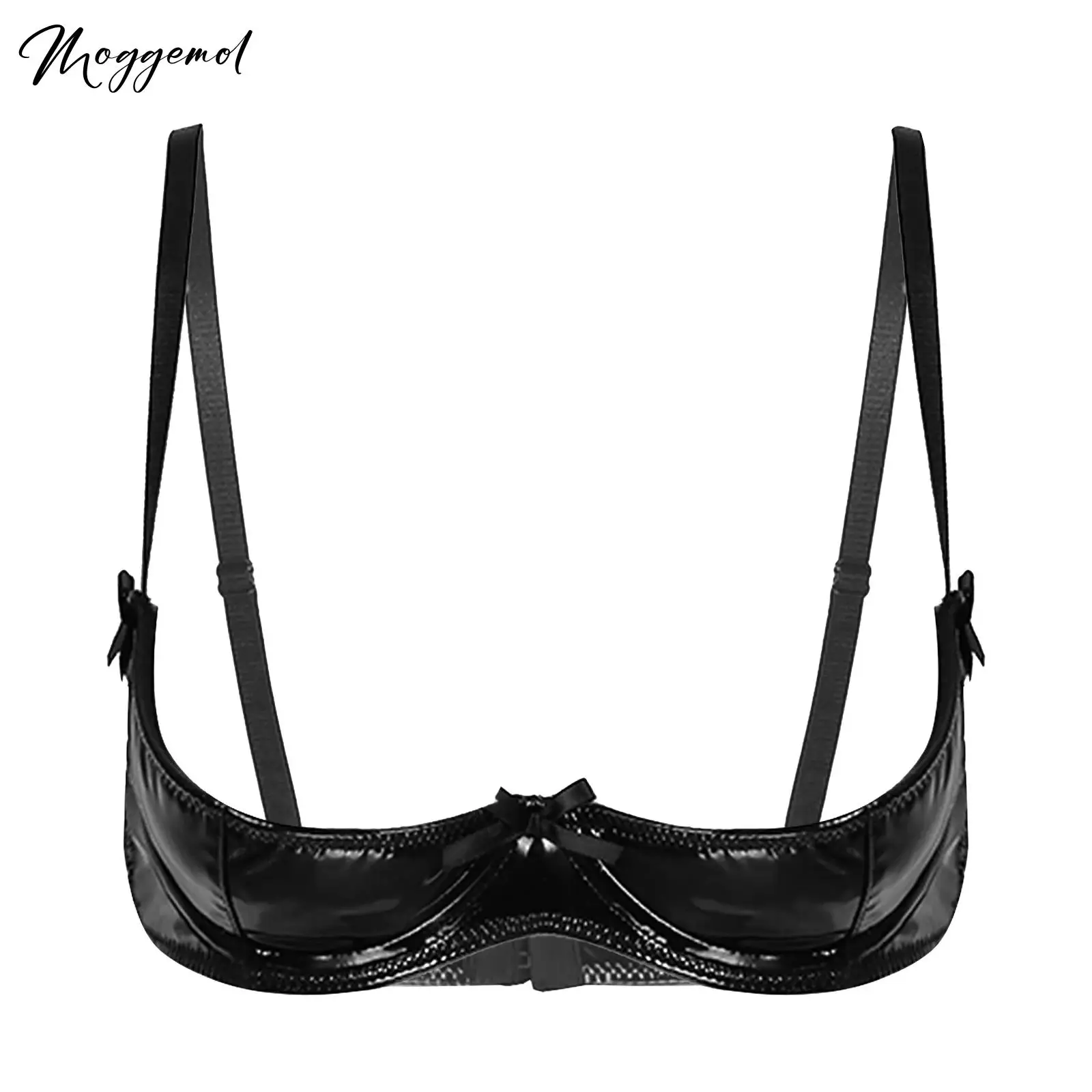 

Women Shiny Metallic Leather Underwired Bra Push Up Latex Bras Lingerie Cupless Adjustable Shoulder Straps Unlined Brassiere