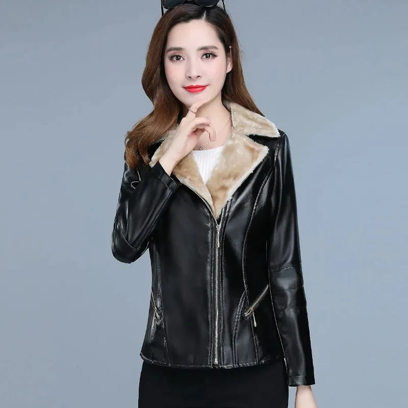 Autumn Winter Warm Faux Fur Coat Women Leather Jacket Ladies Slim Moto Biker Basic Jackets Plush Casual Short Leather Outerwear