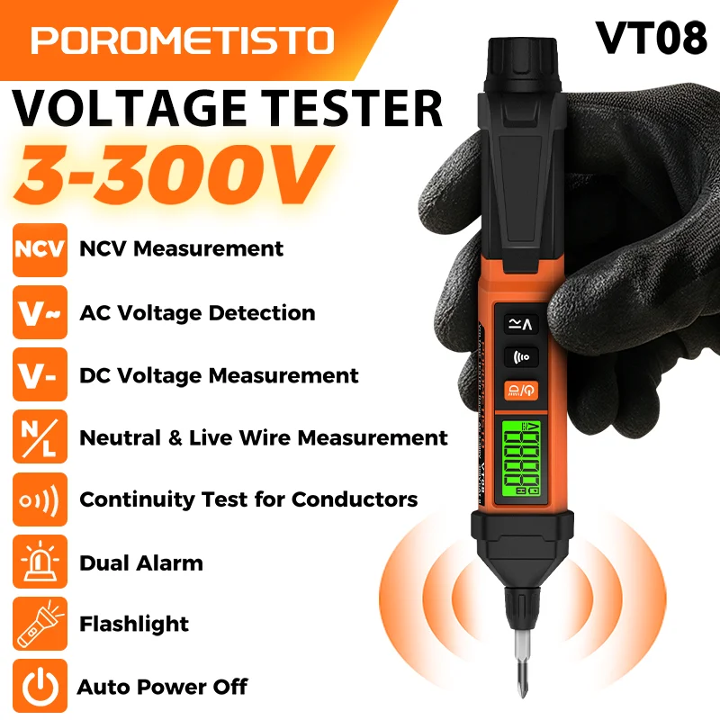 VT08 Voltage Tester Pen 3-300V NCV Voltage Detector AC DC Voltage Detect Neutral/Live Wire Test with Flashlight Electrical Pen