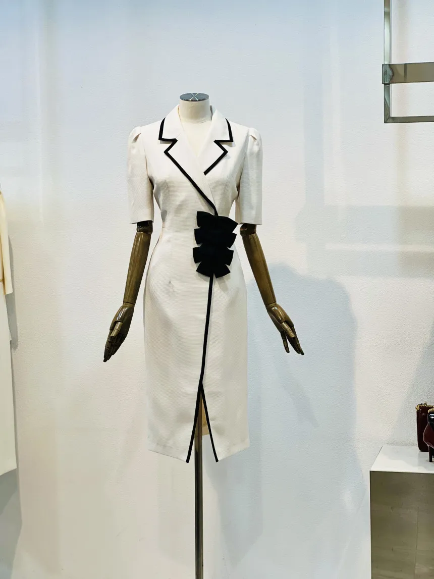 Ele 2023 New Faion ort Sve Suit Collar Commute  Knot Splice Mid-Length Slit Dr Summer Women's Dr