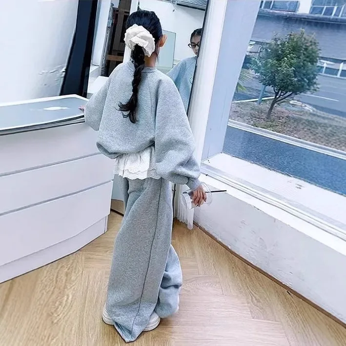 2025 الخريف الشتاء فتاة القماش الدب الدانتيل فضفاض القوس البلوز تي شيرت أعلى + واسعة الساق بانت المراهقين الطفل مجموعة 4 10 12 15 سنة #4