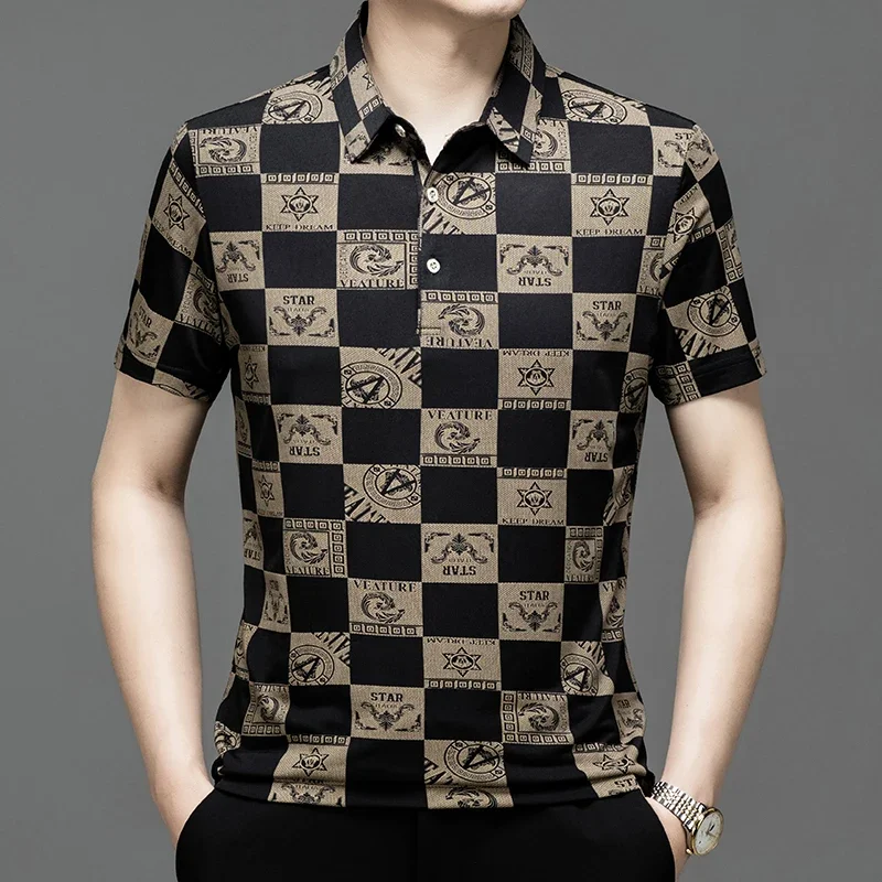 Summer Men's New Ice Silk Short Sleeved Floral Shirt, No Iron Business Casual Jacquard POLO Shirt