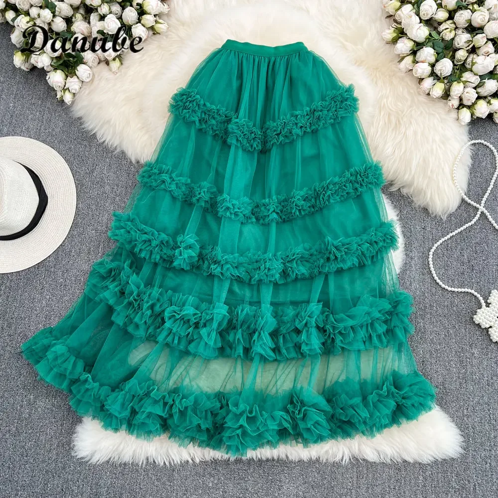 Elegant Ruffled Tulle Tutu Skirts Women Summer Vintage Multilayer High Waist A-line Mesh Cake Long Skirts Lady Aesthetic Faldas