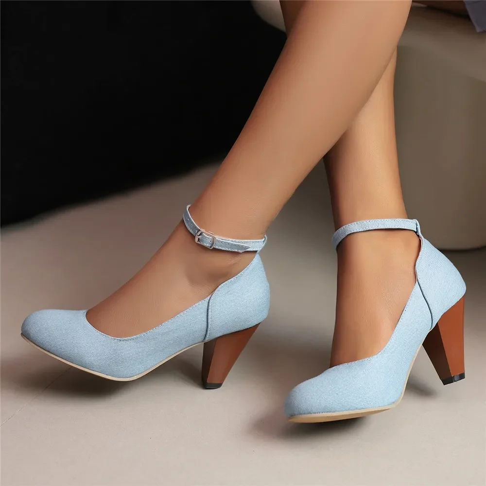 Round toe ladies Denim pumps retro female spike thick high heel women shoes blue mary janes heels Office Party Banquet 2024