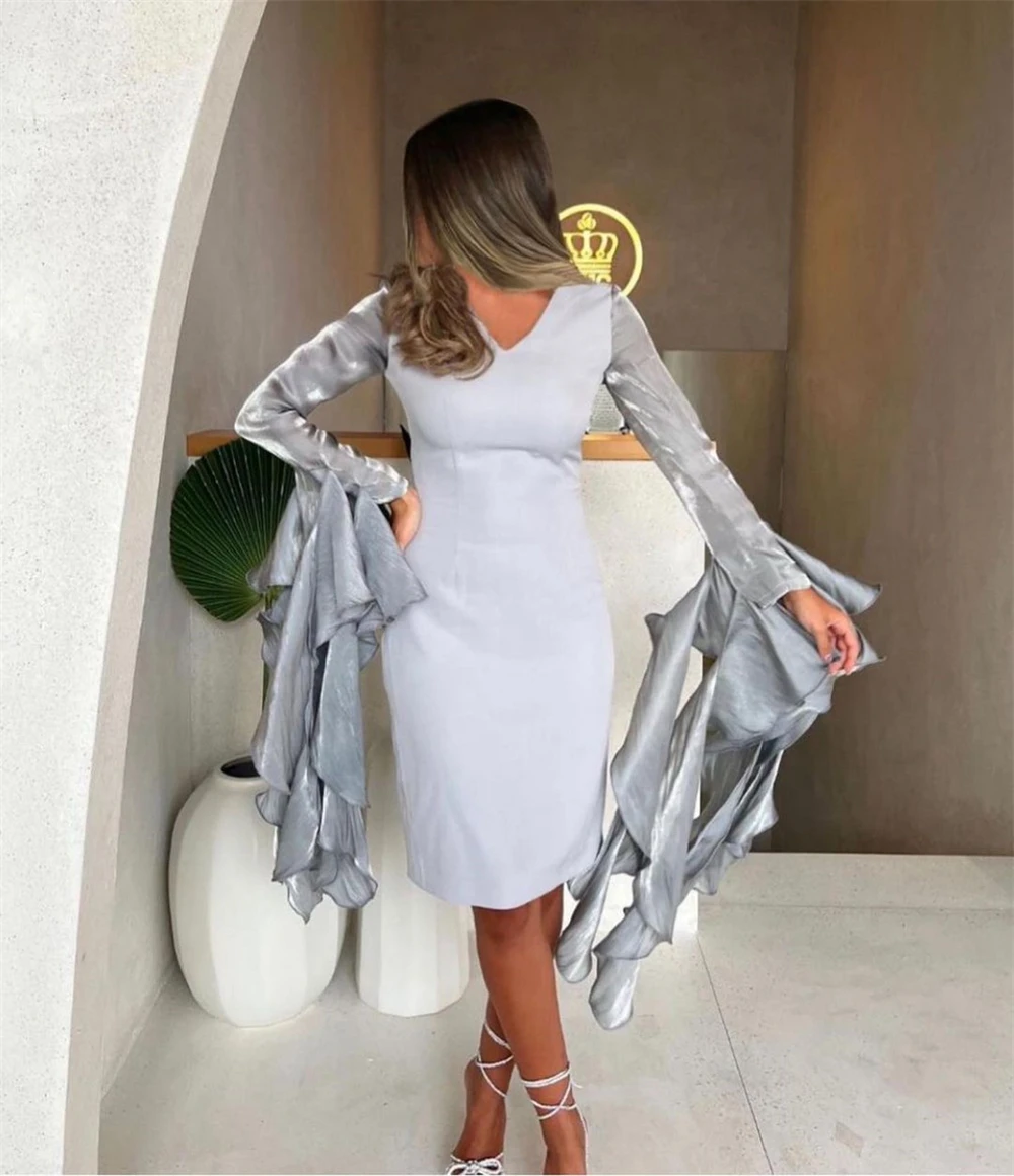 Prom Dresses Fashion V Neck Sheath Party Dress Knee Length Flare Sleeve Boho Satin Formal Evening Gowns выпускное платье 행사드레스