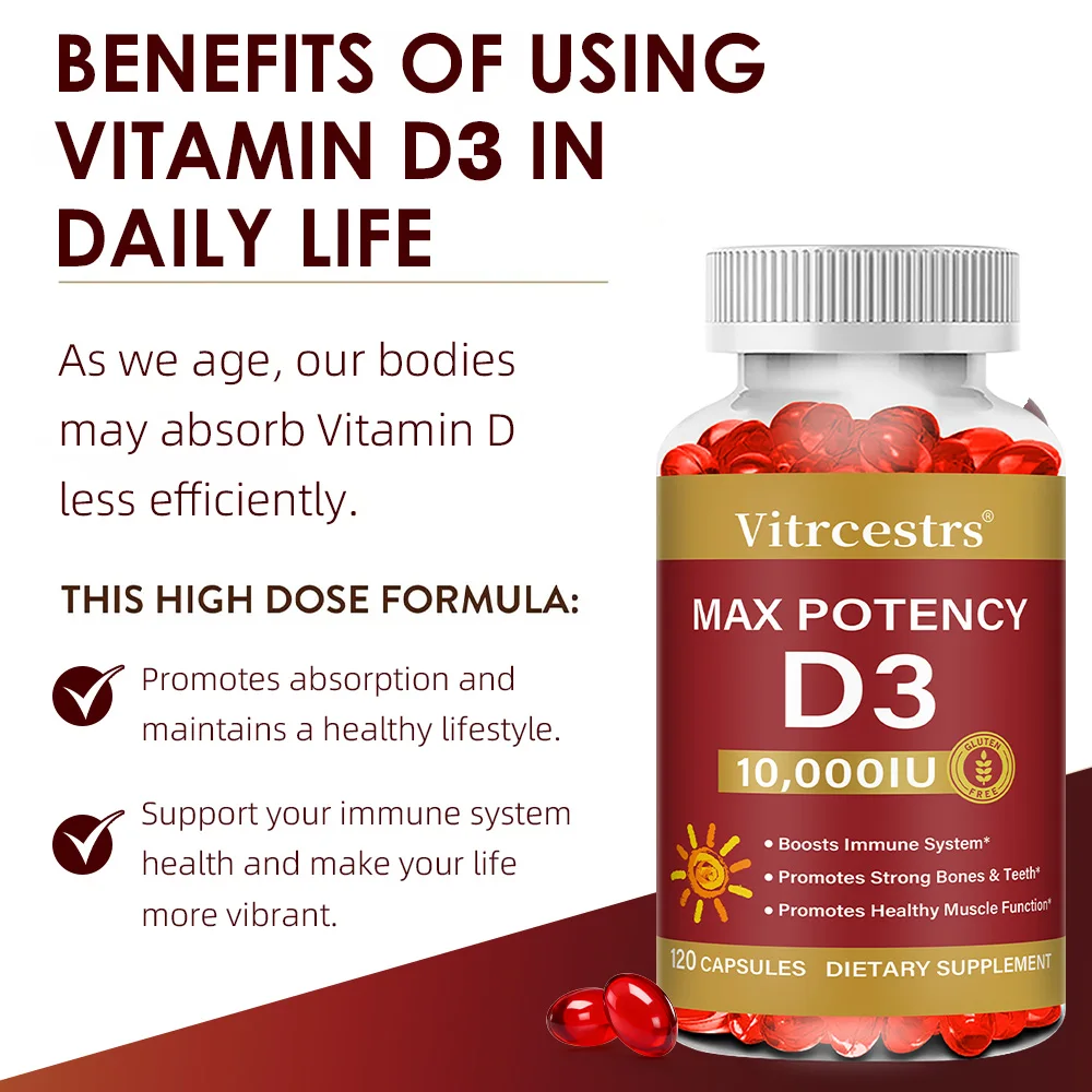 High-Potency Vitamin D Supplement 10000 IU, Supports Muscle Function, Bone Health, Immune & Nail Health, Non-GMO Gluten-Free