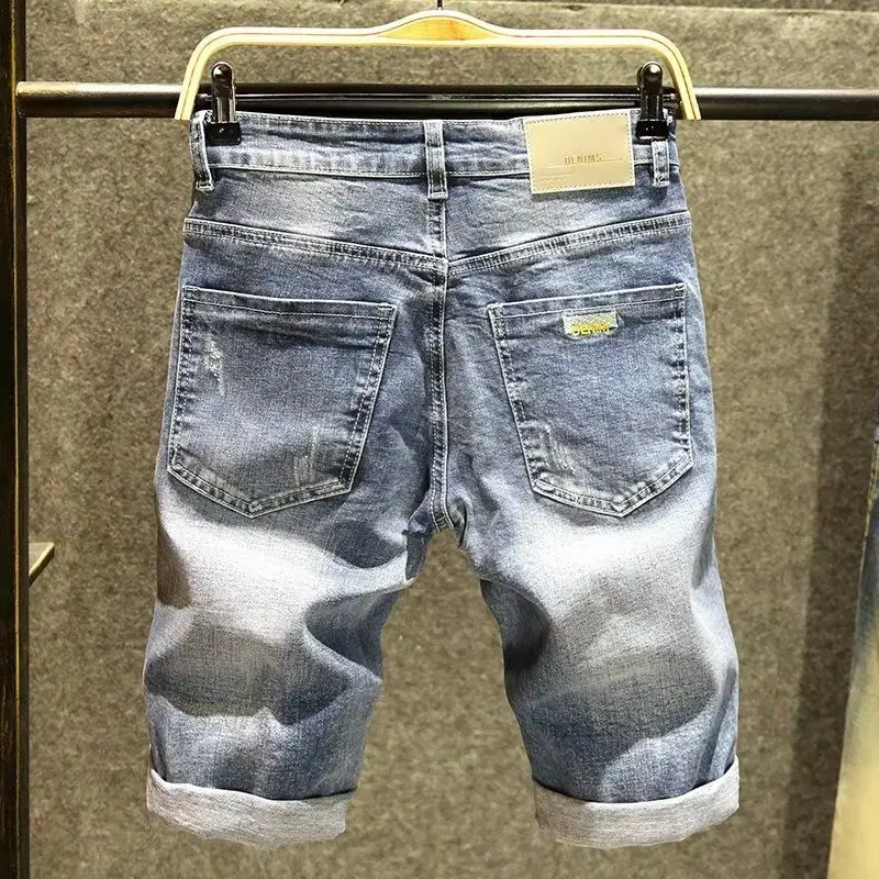 Fashion Summer Thin Blue Denim Shorts Men's Trendy Slim Short Brand Cropped Pants Luxury Clothing Classic Trousers Ripped Jeans