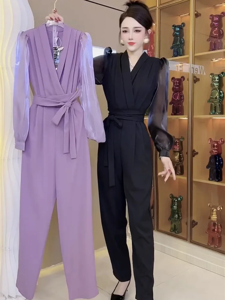 

Женский комбинезон Slim Fit в корейском стиле, весна 2026, легкий, с высокой талией, с поясом, струящийся, повседневный, прямой крой