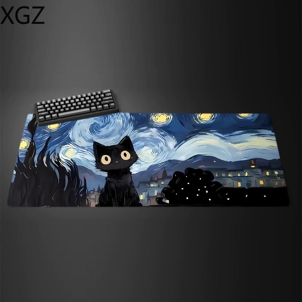 Starry Night Cat MousePads with Non-Slip Base Large Gaming Keyboard Pad Comfortable Desk Mat for Office Study and Relaxation PC