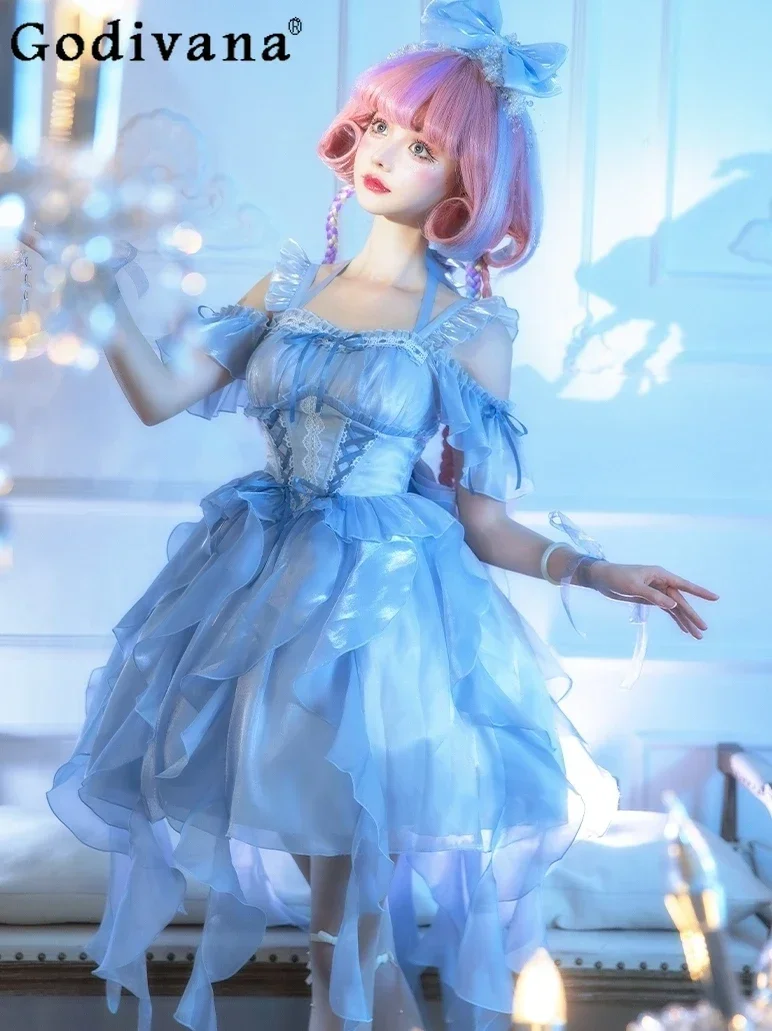 

Japanese Lolita Dress Jsk Female Slim-Fit Elegant Trailing Blue Princess Dress Girly Sweet Y2k Pink Birthday Party Evening Dress