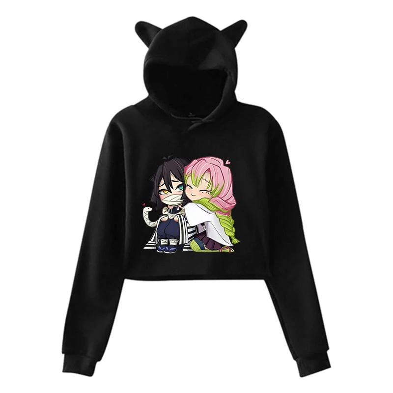 Funny Kanroji Mitsuri Iguro Obanai Cartoon Hoodie Fashion Women Girls Cat Ears Cropped Hoodie Female Casual Long Sleeve Pullover