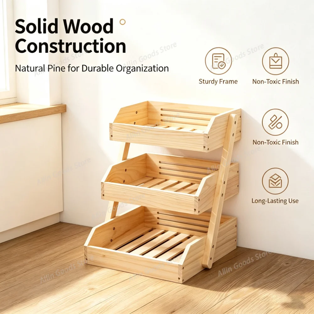 3 Tier Vegetable Fruit Bowl Holder for Kitchen Counter Large Capacity Wood Fruit Basket  MultiFunction Kitchen Storage Shelf