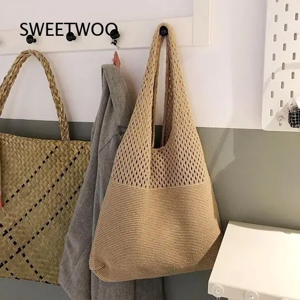Women Hollow Knit Tote Bag Crochet Mesh Design Large Capacity Shoulder Handbag For Beach Vacation