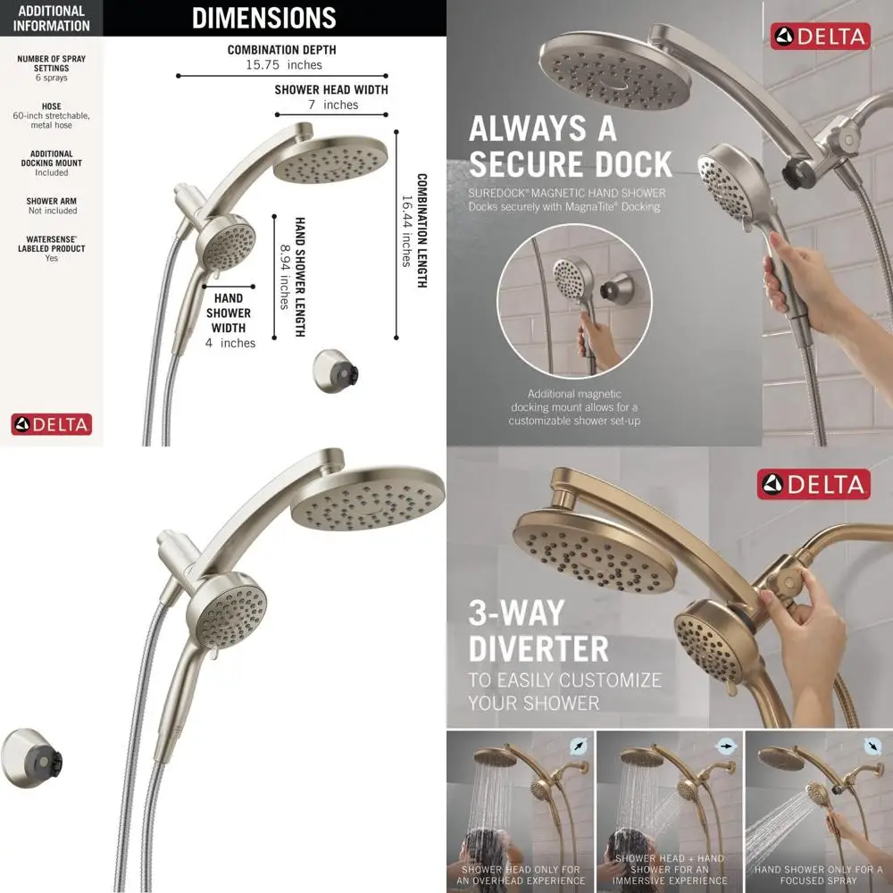 

In-1 6-Setting Pivot Shower Head with ProClean Spray, Brushed Nickel, Rainfall & Handheld, 1.75 GPM, SpotShield