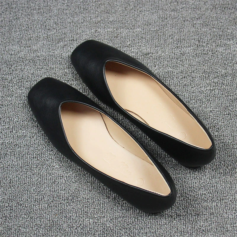 Ladies Square Toe Mujer V Shape Shoes High Quality Smooth Material Plain Slip-on TPR Ballet Flats Brown 44-33 Wide Fitting Softy