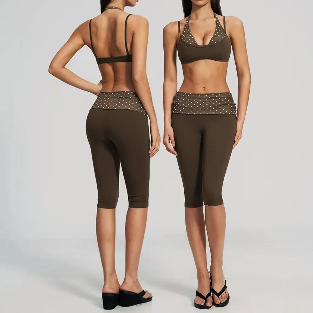 Women 2Pcs Yoga Set Halter Sports Bra Fold Over Waist Capri Leggings Striped Polka Dot Fitness Running Workout Gym Activewear