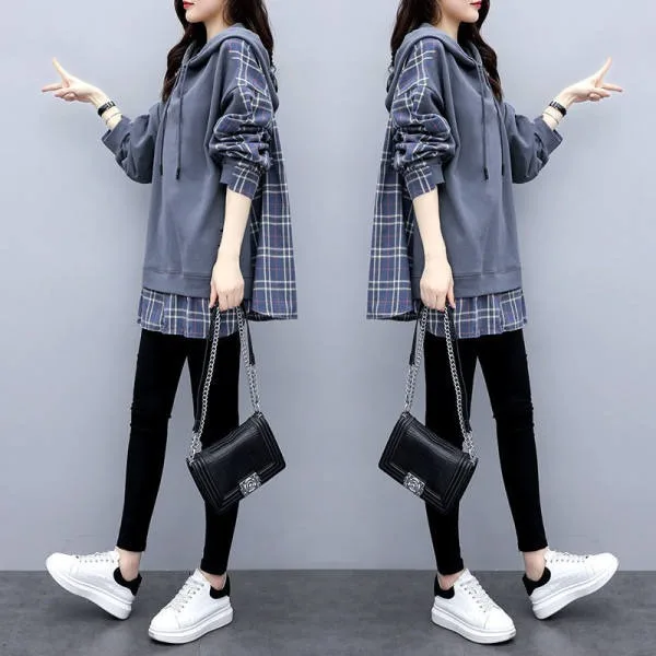 Retro American Style Hoodie Jacket Women's Spring Autumn Casual Patchwork Plaid Hooded Open Cardigan Top Loose Fit Long Sleeve