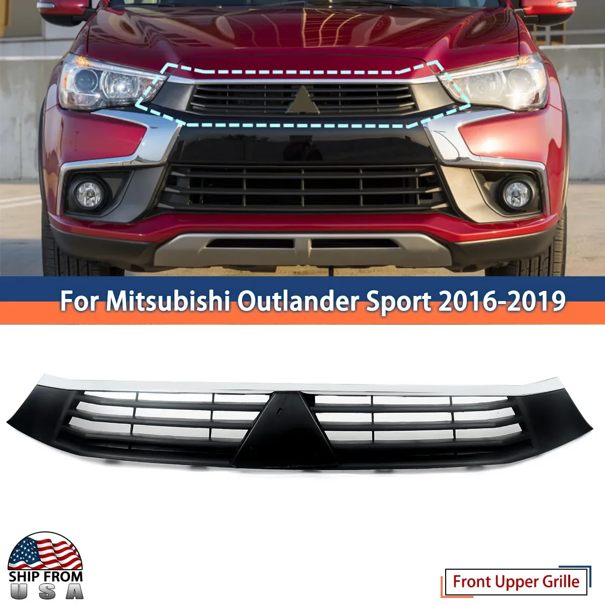 

For 2016-2019 Mitsubishi Outlander Sport ASX RVR Front Bumper Upper Grill Grille