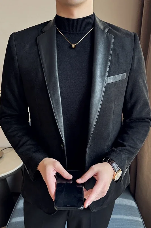 Chaqueta de ante para hombre, traje informal de empalme de PU, moda coreana, para negocios, oficina y actos sociales, 2023