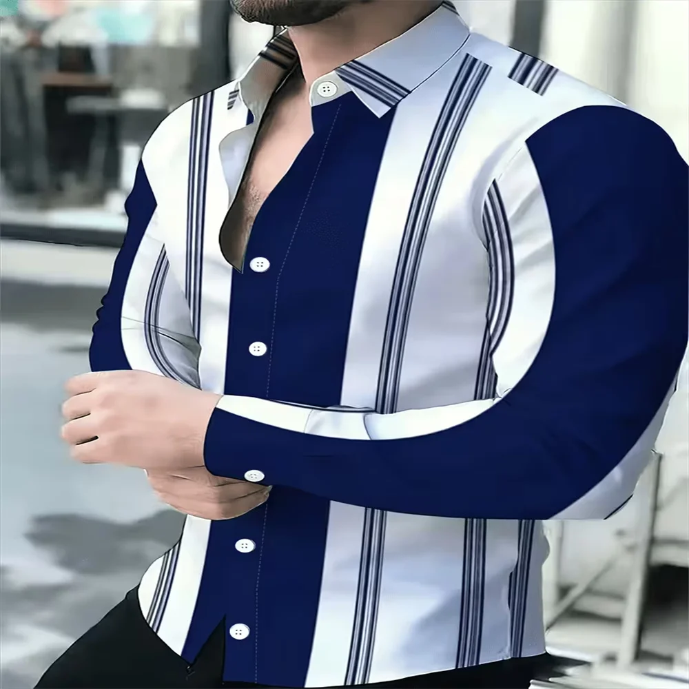 Men Vertical Striped Long Sleeve Shirt Blue White Color Block Turn‑down Collar Button‑Up Shirts For Men Business Casual Office D