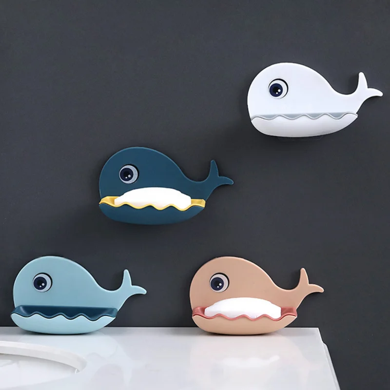 Wall Mounted Soaps Box Cute Cartoon Whale Soap Dish Holder Bathroom Storage Shelf Plastic Draining Organizer Tray