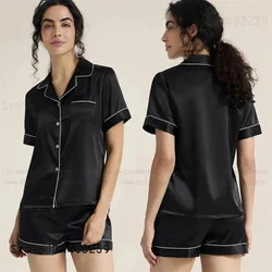 New Women Pajamas Set Sleepwear Sexy Short Sleeve Cardigan Shorts Pijamas Suit Spring Summer Satin Home Wear Loungewear
