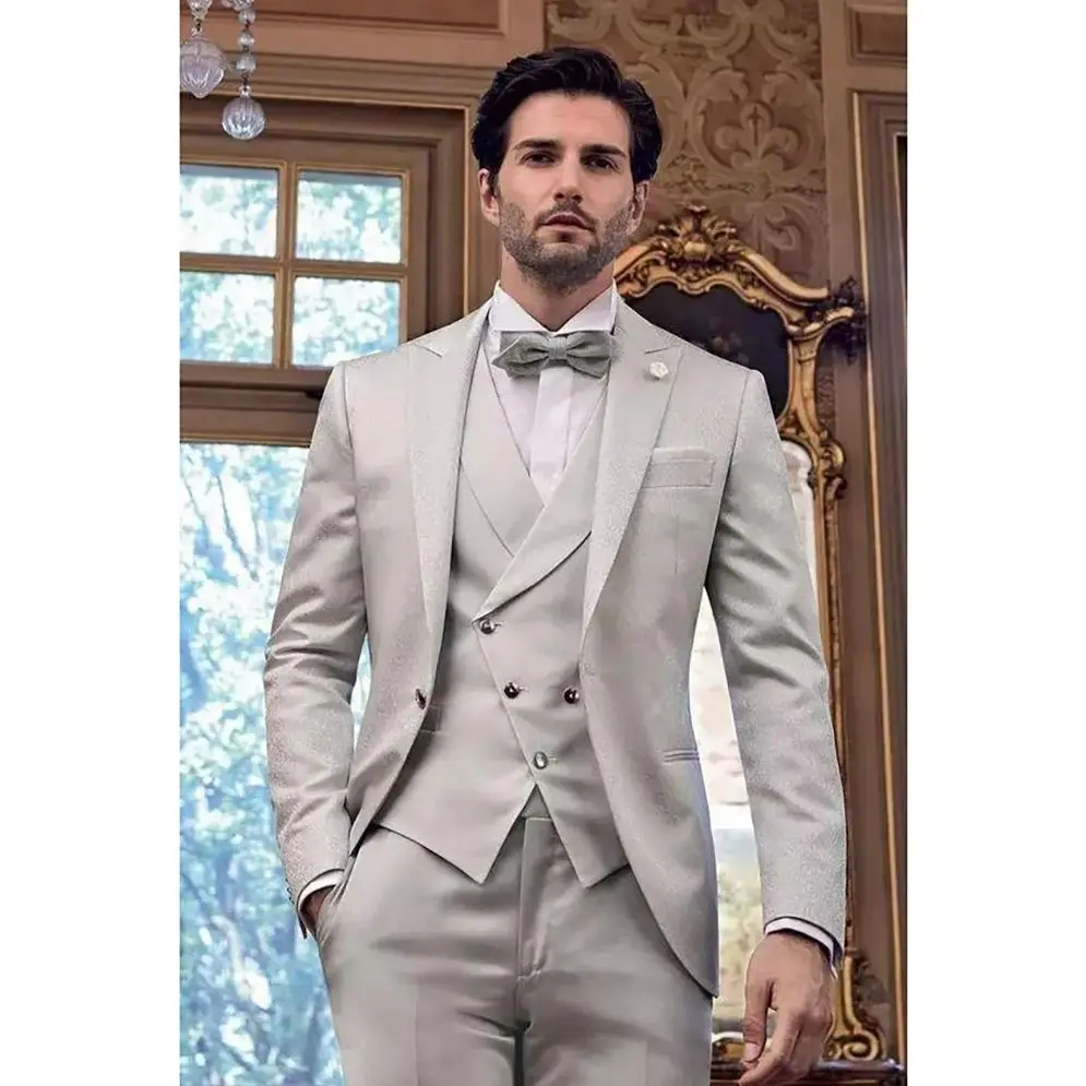 High-end Grey Single Breasted Men Suit Three Pieces Fashion Hot Sell Male Set Daily Business Blazer Pants & Vest