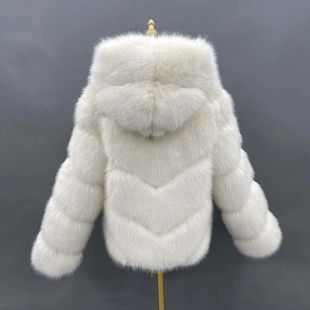 Janefur-Faux Fur Coat with Hood for Women, White Bomber Jackets, Fluffy Imitation Fox Fur, Fake Fur, Winter, Wholesale, New