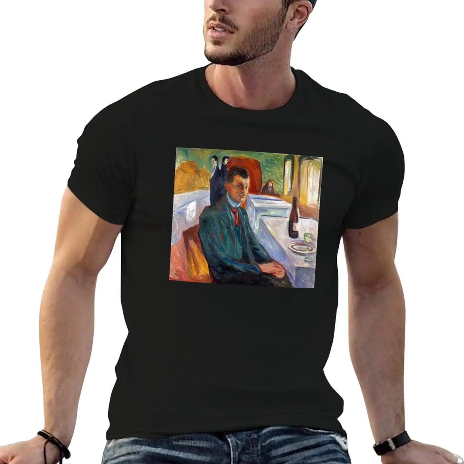 Self Portrait with Bottle of Wine by Edvard Munch Reproduction T-Shirt Soft Cotton Print T-Shirt
