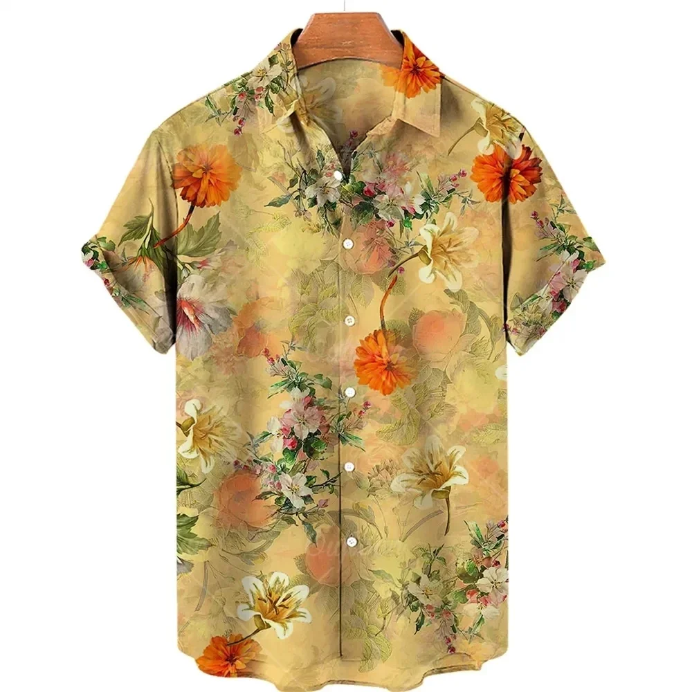 2024 Summer Vintage Casual Top Fishing Hawaiian Flower Oversized 3d Printed Shirt for Men Passionate Spicy Beach Resort Plant 3d