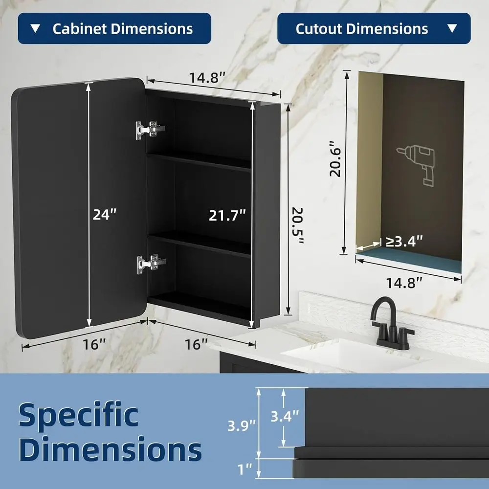 خزانة طبية مثبتة على السطح مقاس 16 × 24 باللون الأسود مع مرآة وأرفف قابلة للتعديل #2