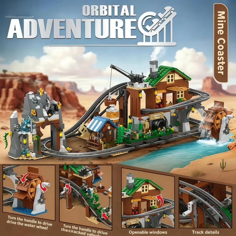 

Interactive Mine Coaster Building Blocks with Full Loop Tracks, Working Winch & Water Wheel Mechanical Function, Western Wildern
