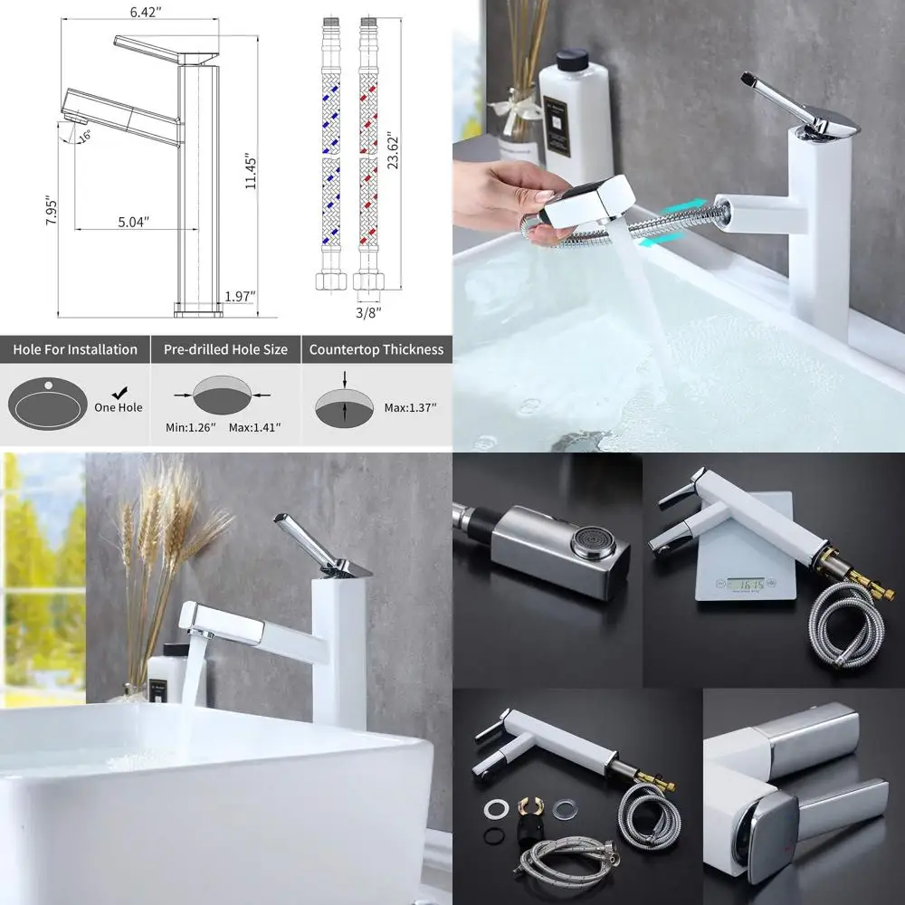 

Chrome & White Single Hole Pull-Out Spray Faucet for Vessel Sinks with Rotating Spout