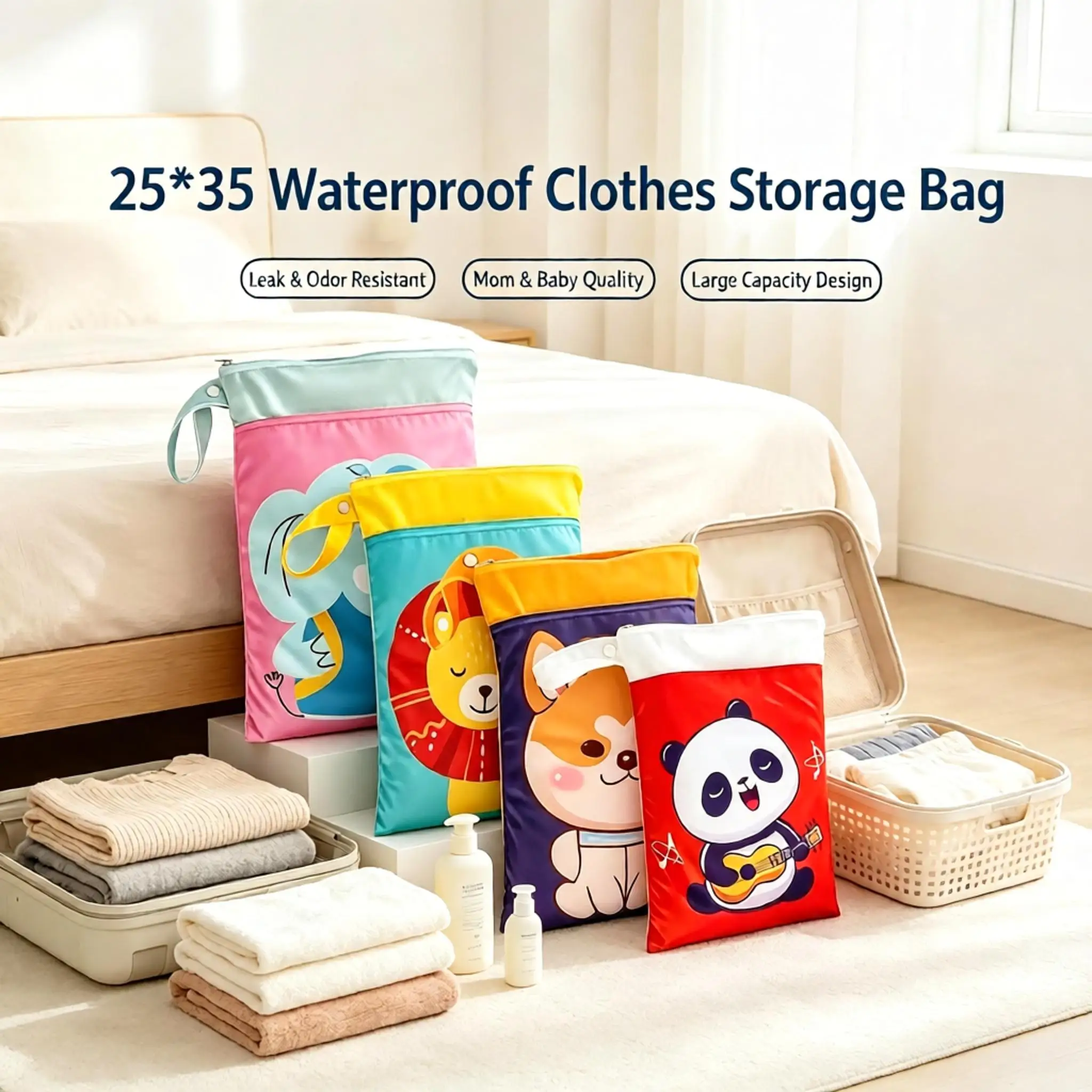 Double Pocket Crib Organizer Hanging Bag Waterproof Printed Storage Pouch Bright Color Anti Pilling Portable Bag for Baby Kids