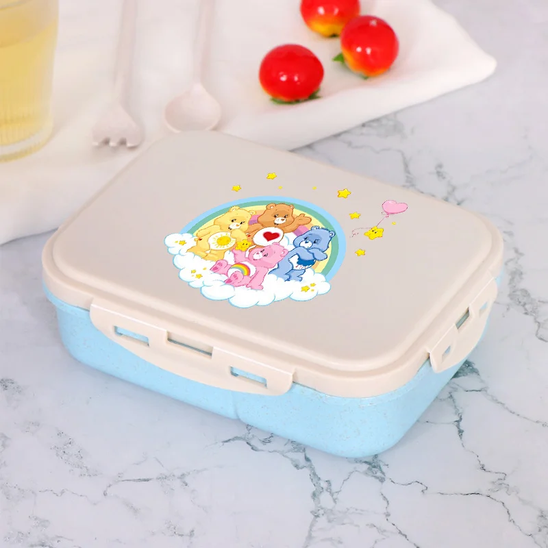 

Caring Bears Cartoon Anime Lunch Box Boys Girls Student Office Single Layer Bento Case Sealed Leak Proof Meal Boxes Fork Spoon