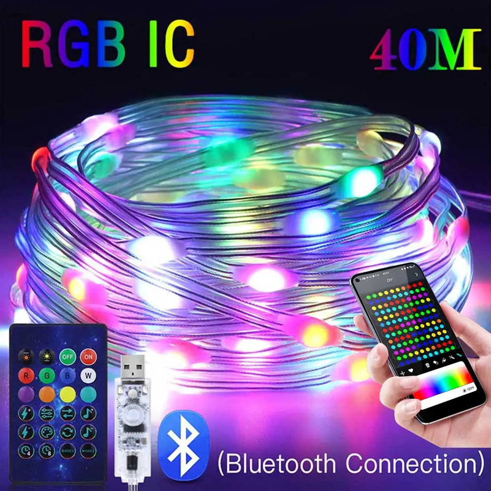 RGBIC LED String 40M30M20M USB Dream Color Light Bluetooth 5V WS2812B Christmas Birthday Music Party Garland Decor Fairy Lights