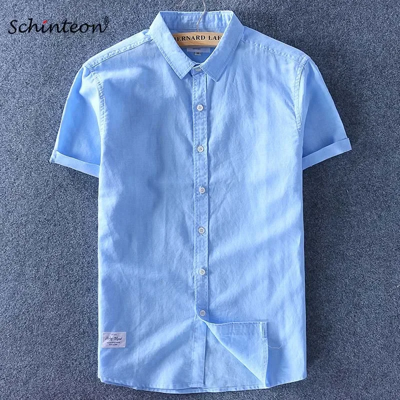 Schinteon Men Cotton Linen Shirt Short Sleeve Thin Top Slim Casual Shirts High Quality White Green Pink Blue