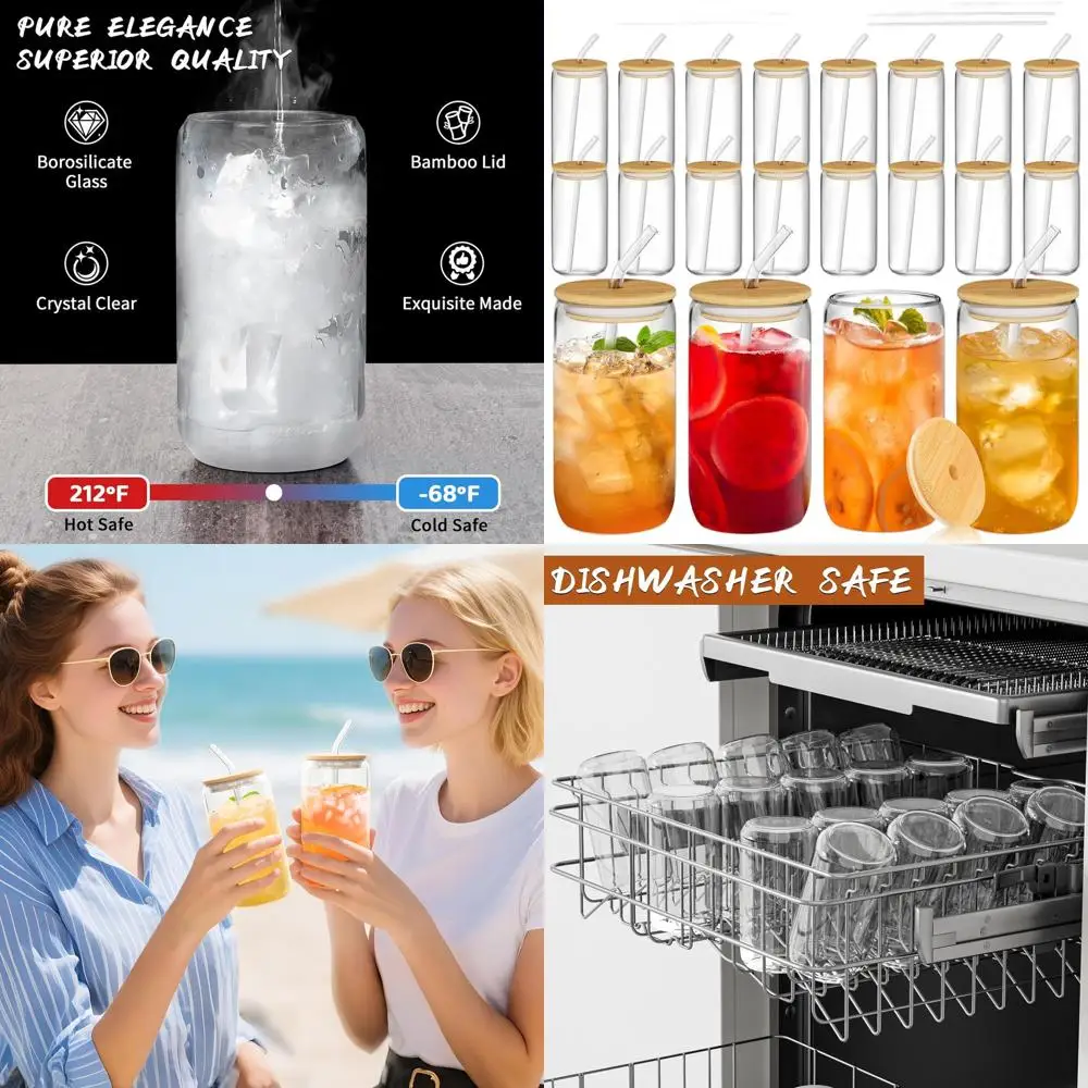 

20-Piece Bamboo-Lidded Glass Cups Set with Straws for Iced Coffee, Tea, and More